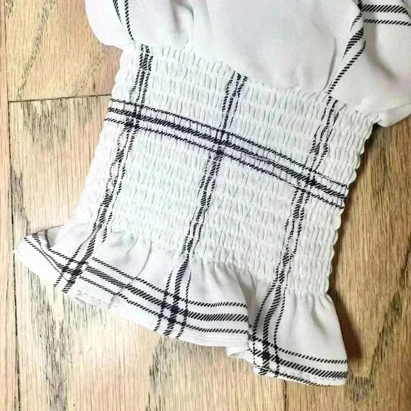 LAUNDRY BY SHELLI SEGAL Windowpane Check Blouse White Navy Blue Size X-Small - Picture 7 of 11